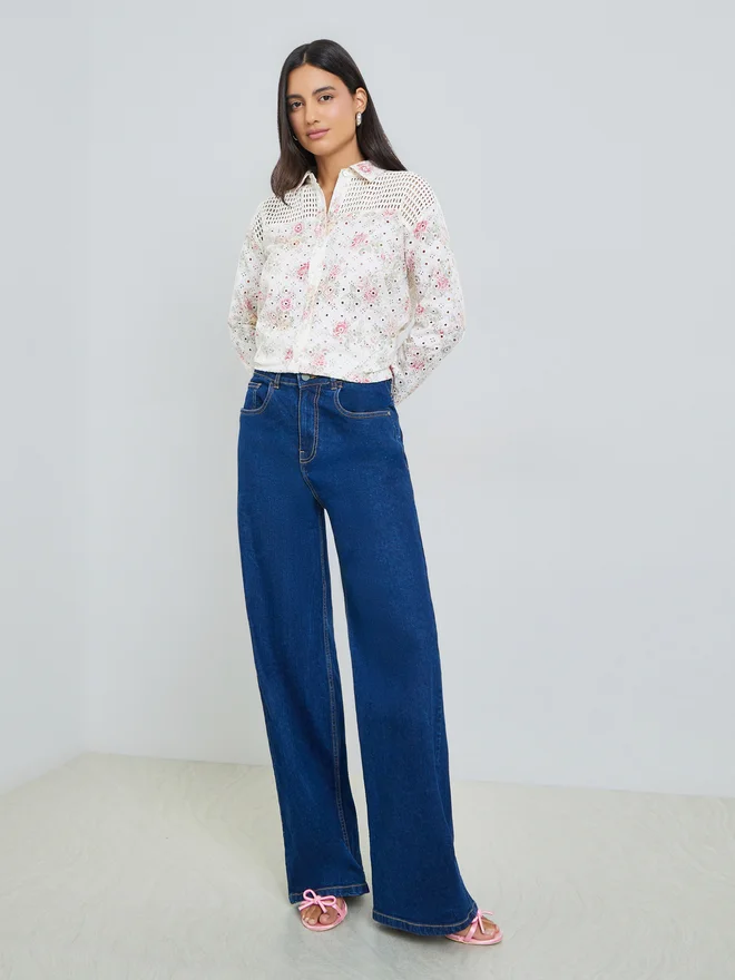 Styli Styli Off White Floral Embroidered Crochet Yoke Shirt