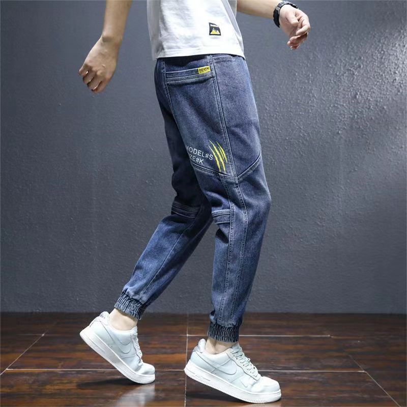 Spring Jeans Mens 2023 New Arrival Spring and Autumn Trendy Brand Tooling Loose Bundle Foot Harlan Stitching Casual Long Pants Z003 black - Image 3