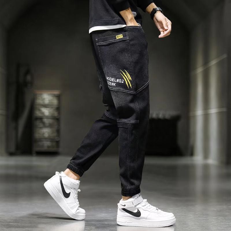 Spring Jeans Mens 2023 New Arrival Spring and Autumn Trendy Brand Tooling Loose Bundle Foot Harlan Stitching Casual Long Pants Z003 black - Image 1