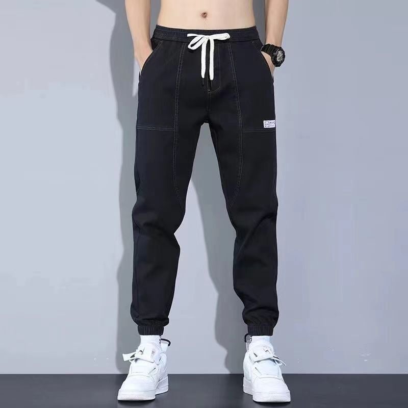 Spring Jeans Mens 2023 New Arrival Spring and Autumn Trendy Brand Tooling Loose Bundle Foot Harlan Stitching Casual Long Pants Z003 black - Image 5