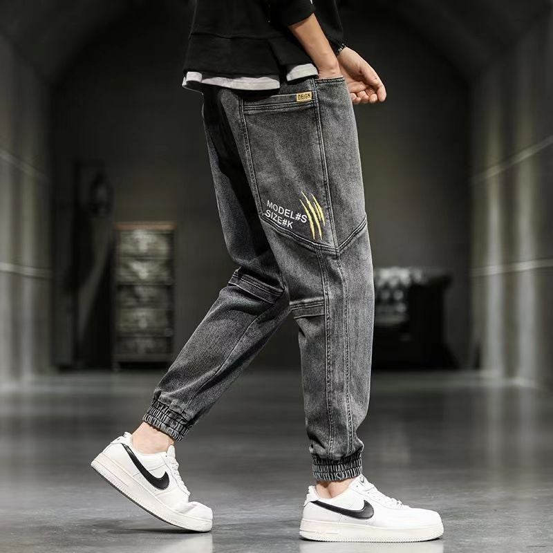 Spring Jeans Mens 2023 New Arrival Spring and Autumn Trendy Brand Tooling Loose Bundle Foot Harlan Stitching Casual Long Pants Z003 black - Image 2