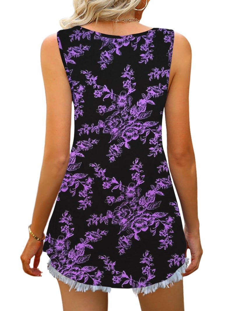 Tencede 2026 Summer Tank Tops for Women Sleeveless V Neck Babydoll Loose Flowy Floral Print Blouse Black Purple Flowers 2XL - Image 3