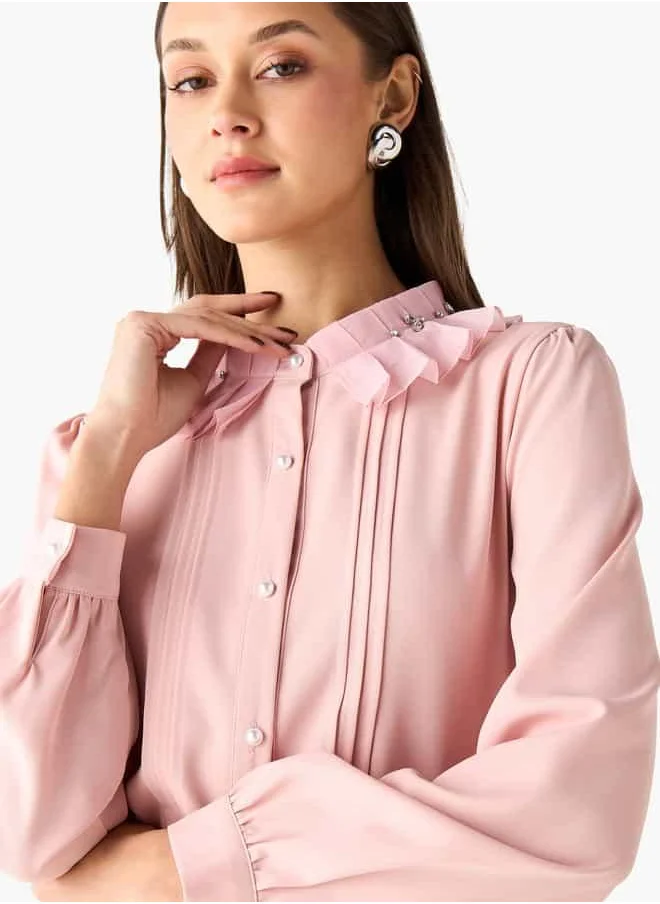 2Xtremz 2Xtremz Pintuck Embellished Ruffle Collar Shirt with Long Sleeves