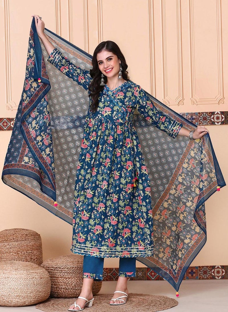 ISHIN Women's Multicoloured 100% Cotton Embellished Tunic Full Length Casual Straight Fit Kurta Set  - Image 1