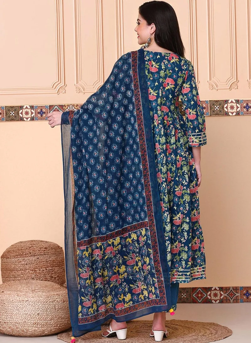 ISHIN Women's Multicoloured 100% Cotton Embellished Tunic Full Length Casual Straight Fit Kurta Set