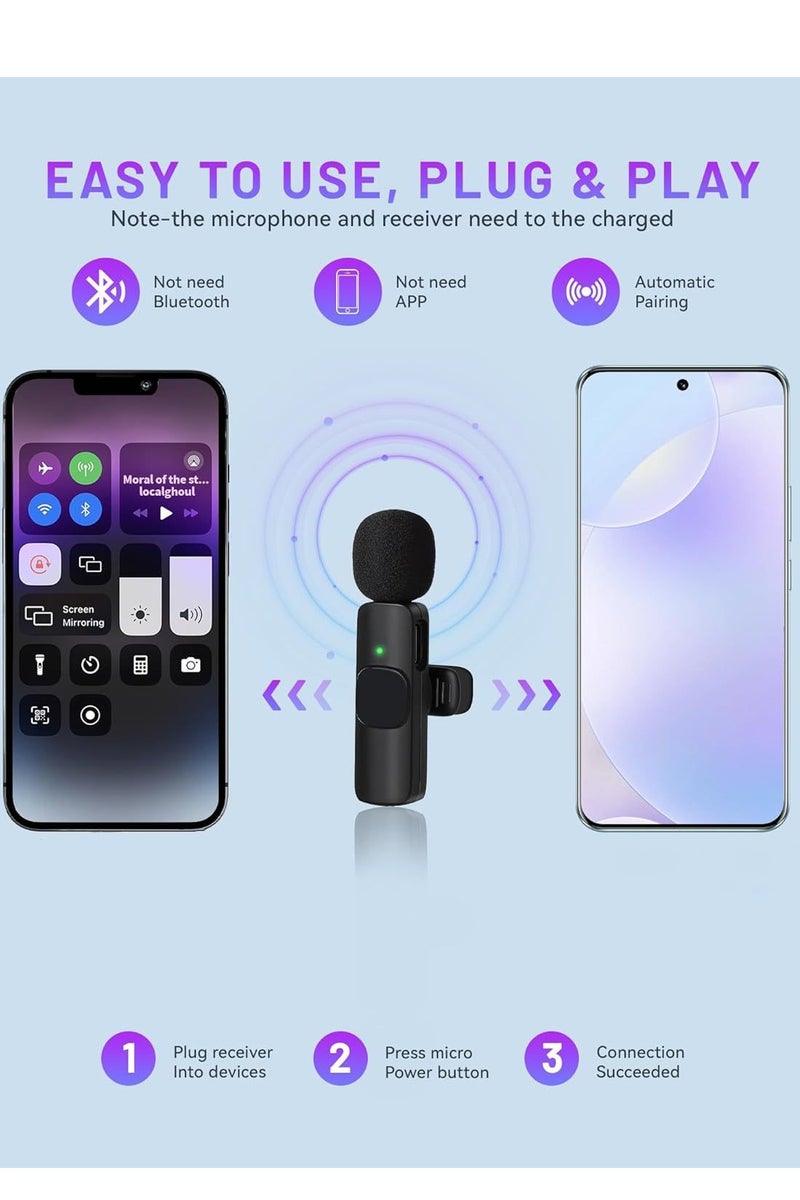 Wireless Lavalier Microphone  with iPhone/iPad/Android Phone/Laptop, Plug-Play Wireless Mic with 2 Microphone, Noise Cancellation Lavalier Microphone Mini Mic for USB-C Android Phone and iPhone Video Recording- Interview- Vlog- Auto Sync 2.4 Ghz Black - Image 3