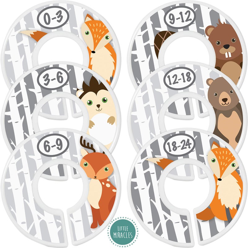 Baby Closet Size Dividers Woodland Nursery Closet Dividers for Baby Clothes Fox Deer Bear Hedgehog Beaver Nursery Decor Baby Closet Dividers for Boy or Girl Woodland GreyGray