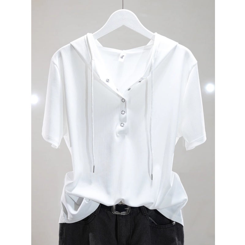 Plus Size Women'S Pure Cotton Hooded Short-Sleeved T-Shirt 2025 Fashion Loose Slimming Look T-Shirt Top Women'S T-Shirt - Image 2