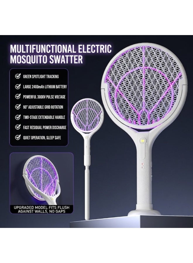 ORIONMAX Rechargeable Electric Mosquito Swatter Racket with Extendable Telescopic Handle, 90ฐ Rotating Head, Green Light Mosquito Finder, 3000V High Voltage Bug Zapper, Fly Killer Trap for Indoor Home Bedroom Kitchen Garden - Image 2