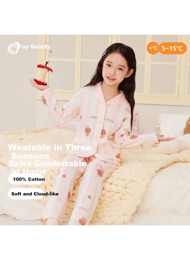 Top melon Dingguagua Children's Pajama Set Pure Cotton Spring And Autumn Long Sleeve Girls' Homewear All Cotton Cardigan For Older Girls 6201130 - Image 1