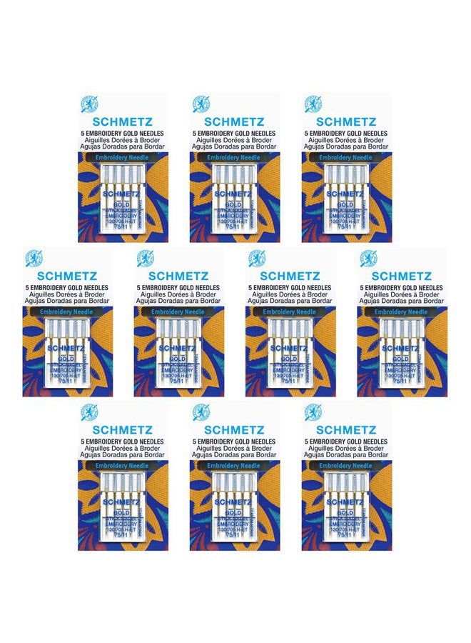Schmetz 50 Schmetz Gold Embroidery Sewing Machine Needles - Size 75/11 - Box of 10 Cards - Image 1