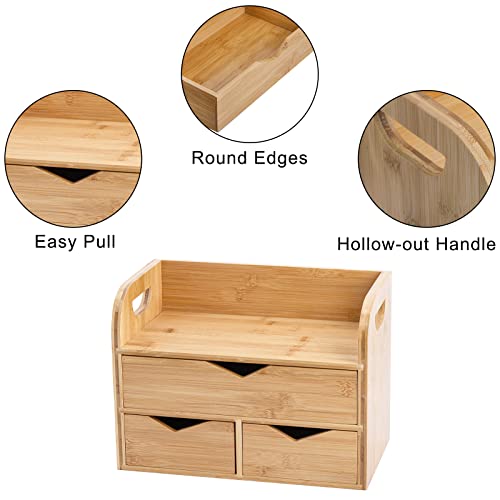 Hacaroa 3 Tier Bamboo Desktop Organizer with 3 Drawers, Mini Tabletop Craft Box Cosmetic Storage Drawer with Handle, Portable Desk Letter Mail Sorter for Office Supply, Toiletries - Image 3
