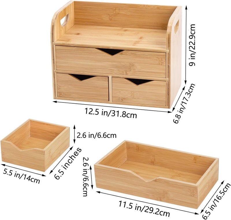 Hacaroa 3 Tier Bamboo Desktop Organizer with 3 Drawers, Mini Tabletop Craft Box Cosmetic Storage Drawer with Handle, Portable Desk Letter Mail Sorter for Office Supply, Toiletries - Image 2