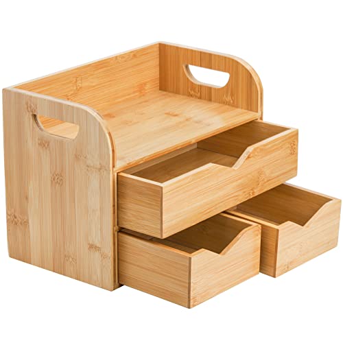Hacaroa 3 Tier Bamboo Desktop Organizer with 3 Drawers, Mini Tabletop Craft Box Cosmetic Storage Drawer with Handle, Portable Desk Letter Mail Sorter for Office Supply, Toiletries - Image 4