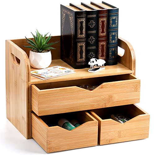 Hacaroa 3 Tier Bamboo Desktop Organizer with 3 Drawers, Mini Tabletop Craft Box Cosmetic Storage Drawer with Handle, Portable Desk Letter Mail Sorter for Office Supply, Toiletries - Image 1