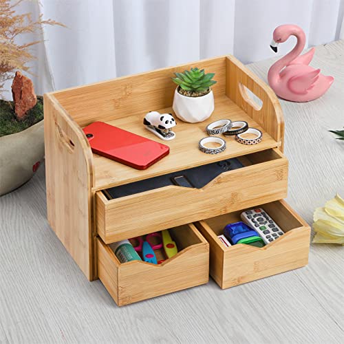 Hacaroa 3 Tier Bamboo Desktop Organizer with 3 Drawers, Mini Tabletop Craft Box Cosmetic Storage Drawer with Handle, Portable Desk Letter Mail Sorter for Office Supply, Toiletries - Image 5