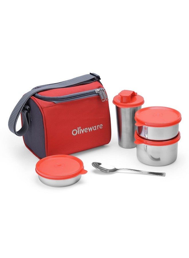 SOPL-OLIVEWARE علبة غداء أوليف وير ميلانو، مانعة للتسرب، 3 حاويات من الفولاذ المقاوم للصدأ مع أغطية خالية من BPA (300 مل، 450 مل، 600 مل)، ملعقة من الفولاذ وكوب (400 مل)، حقيبة قماش - أحمر - Image 1