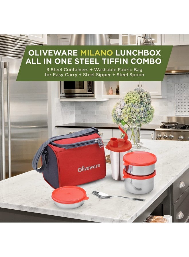 SOPL-OLIVEWARE علبة غداء أوليف وير ميلانو، مانعة للتسرب، 3 حاويات من الفولاذ المقاوم للصدأ مع أغطية خالية من BPA (300 مل، 450 مل، 600 مل)، ملعقة من الفولاذ وكوب (400 مل)، حقيبة قماش - أحمر - Image 4