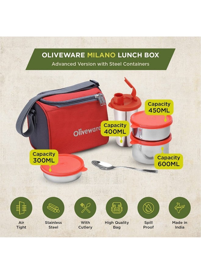 SOPL-OLIVEWARE علبة غداء أوليف وير ميلانو، مانعة للتسرب، 3 حاويات من الفولاذ المقاوم للصدأ مع أغطية خالية من BPA (300 مل، 450 مل، 600 مل)، ملعقة من الفولاذ وكوب (400 مل)، حقيبة قماش - أحمر - Image 2