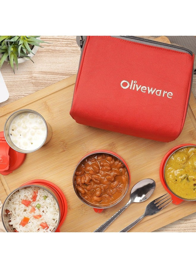 SOPL-OLIVEWARE علبة غداء أوليف وير ميلانو، مانعة للتسرب، 3 حاويات من الفولاذ المقاوم للصدأ مع أغطية خالية من BPA (300 مل، 450 مل، 600 مل)، ملعقة من الفولاذ وكوب (400 مل)، حقيبة قماش - أحمر - Image 5