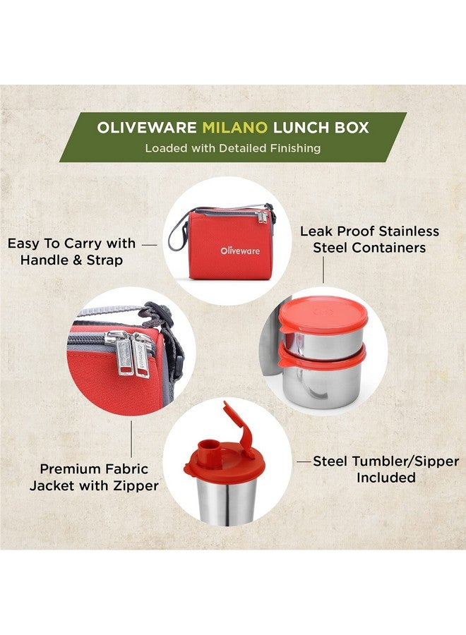 SOPL-OLIVEWARE علبة غداء أوليف وير ميلانو، مانعة للتسرب، 3 حاويات من الفولاذ المقاوم للصدأ مع أغطية خالية من BPA (300 مل، 450 مل، 600 مل)، ملعقة من الفولاذ وكوب (400 مل)، حقيبة قماش - أحمر - Image 3