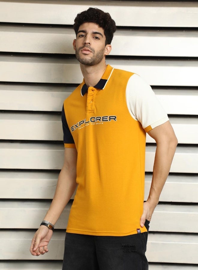 HIGH STAR Men's Yellow 100% Cotton Colourblocked Polo Regular Fit T-Shirt - Image 3