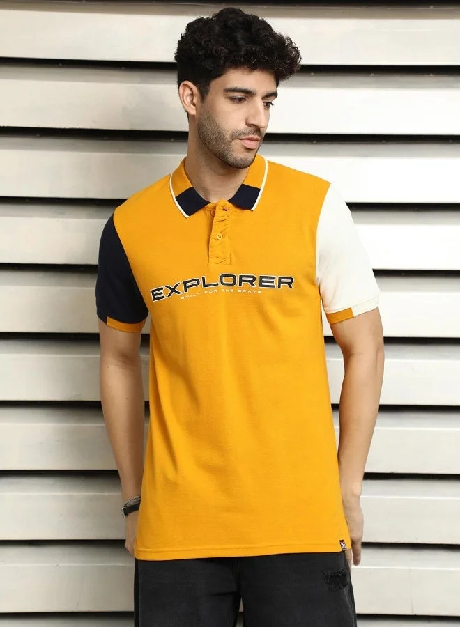 Men's Yellow 100% Cotton Colourblocked Polo Regular Fit T-Shirt
