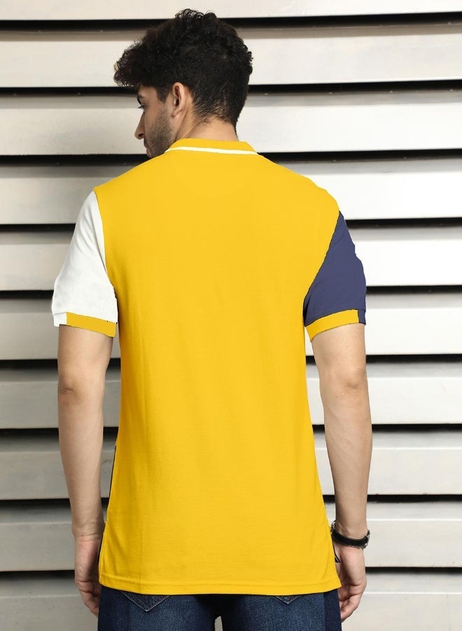 HIGH STAR Men's Yellow 100% Cotton Colourblocked Polo Regular Fit T-Shirt - Image 2