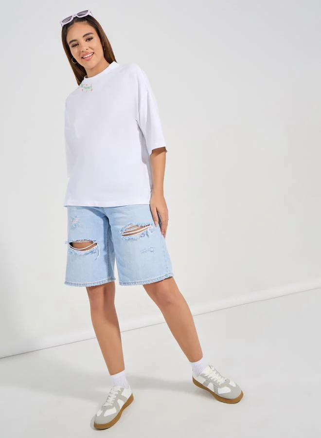 Styli Oversized Embroidered Slogan Dropped Shoulder T-Shirt