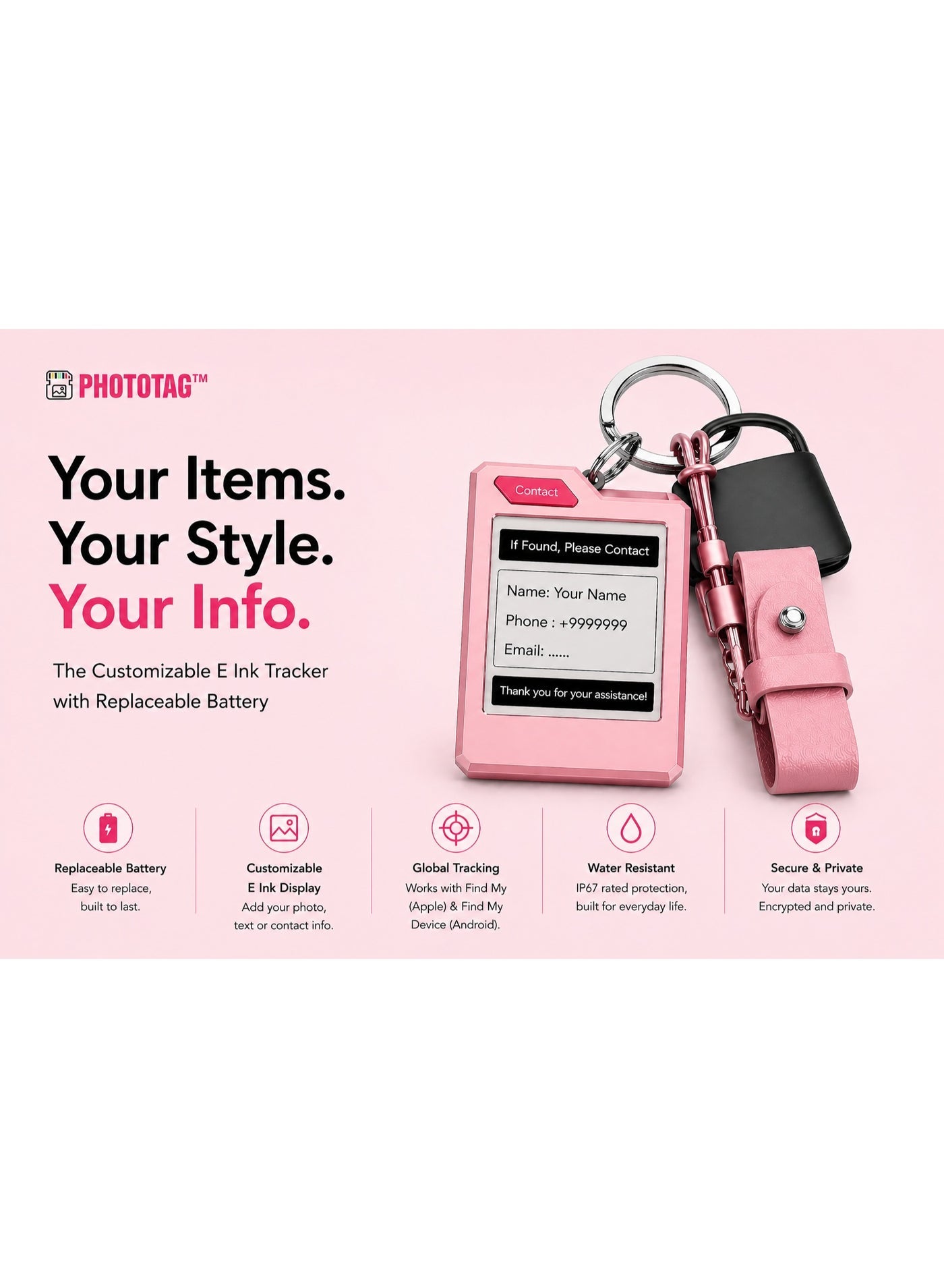 Dolphin Connect, PhotoTag, E-Ink Smart Bluetooth Tracker, Compatible with Apple Find My, Compatible with Android Find My, Customizable Color Display, 100m Range, IP65, 10-Month Battery
