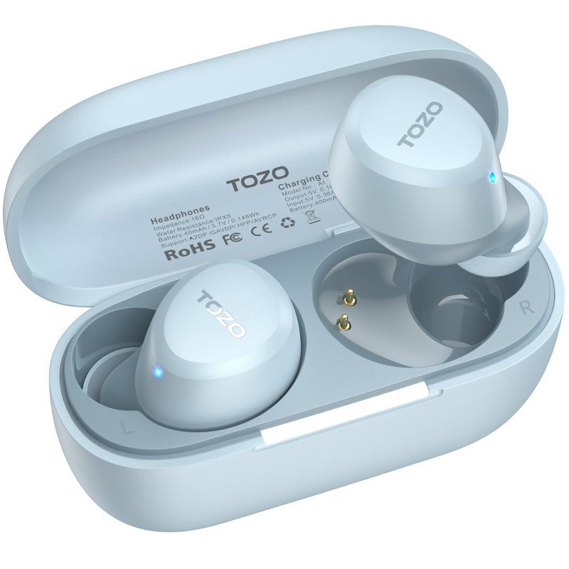 TOZO سماعات أذن TOZO A1 ميني لاسلكية بلوتوث 5.3 في الأذن خفيفة الوزن وميكروفون مدمج، IPX5 مقاوم للماء، صوت غامر ممتاز لمسافات طويلة مع علبة شحن، أزرق - Image 1