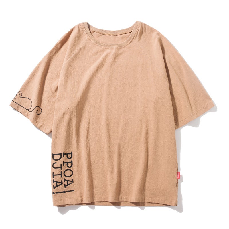 Cotton and Linen Short-sleeved T-shirt Men''s New Mouse Print Half-sleeved Linen Loose Hong Kong-style T-shirt Youth Top - Image 5
