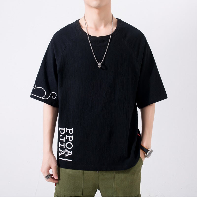 Cotton and Linen Short-sleeved T-shirt Men''s New Mouse Print Half-sleeved Linen Loose Hong Kong-style T-shirt Youth Top - Image 1