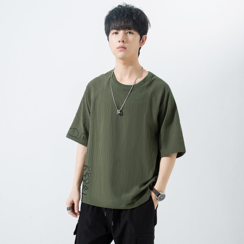 Cotton and Linen Short-sleeved T-shirt Men''s New Mouse Print Half-sleeved Linen Loose Hong Kong-style T-shirt Youth Top - Image 4