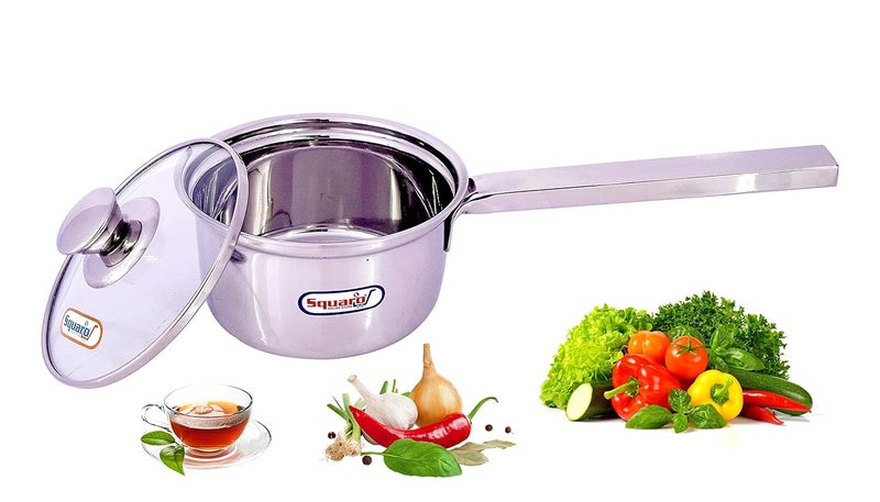 SQUARO Stainless Steel Heavy Base Saucepan with Toughen Glass Lid Induction Gas Stove Friendly Cook and Serve with Toughen Glass Lids 1 Pcs Small Capacity 1 LTR - Image 1