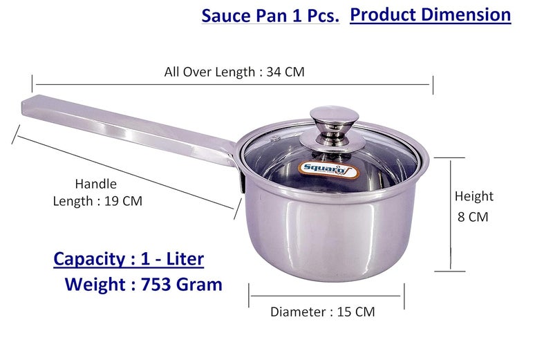 SQUARO Stainless Steel Heavy Base Saucepan with Toughen Glass Lid Induction Gas Stove Friendly Cook and Serve with Toughen Glass Lids 1 Pcs Small Capacity 1 LTR - Image 2