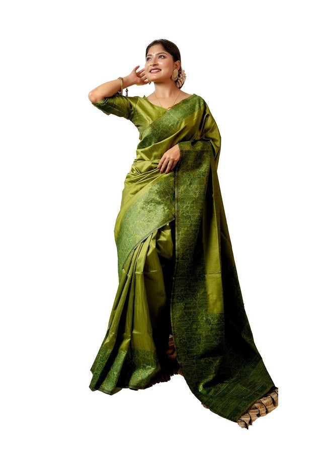 NK Textiles Women's Plain/Solid with Kalamkari Woven Border Raw Silk Saree with Tassels (13 COLORS), Mehendi Green - Image 1
