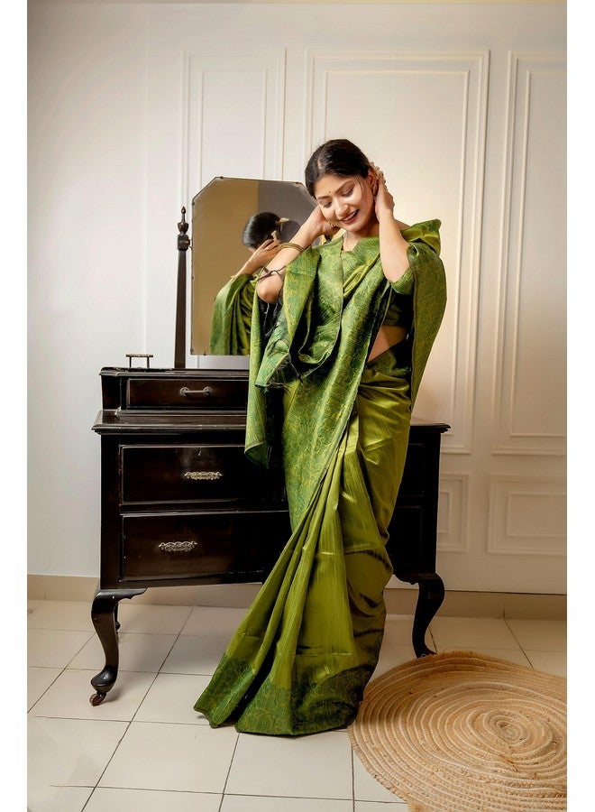 NK Textiles Women's Plain/Solid with Kalamkari Woven Border Raw Silk Saree with Tassels (13 COLORS), Mehendi Green - Image 3