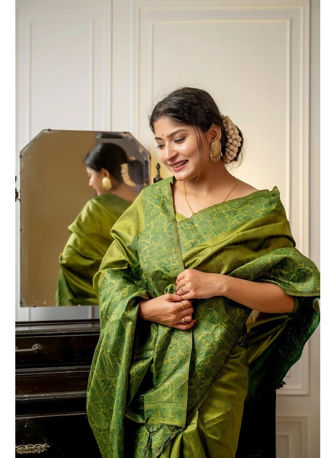 NK Textiles Women's Plain/Solid with Kalamkari Woven Border Raw Silk Saree with Tassels (13 COLORS), Mehendi Green - Image 2