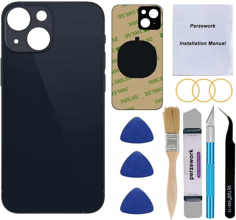 Perzework OEM Rear Back Glass Replacement (Black) Compatible with iPhone 13 6.1 inches All Carriers with Pre-Installed Adhesive and Repairing Tool Kits - Image 1