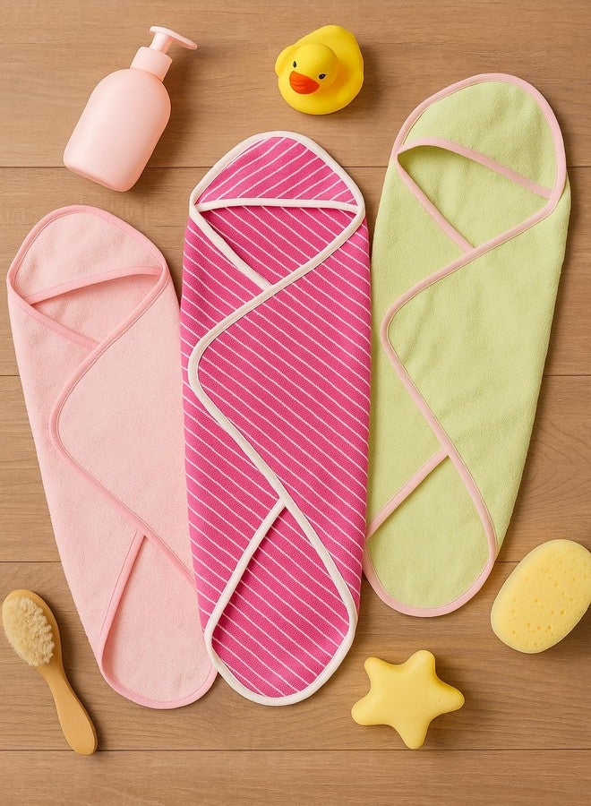 TuddyBuddy Ultra Soft 100% Cotton Hooded Towel for Babies/Ideal for New Born Babies (30 X 30 Inches) (Pack of 3 -Pink Stripes, Green & Dark Blue)