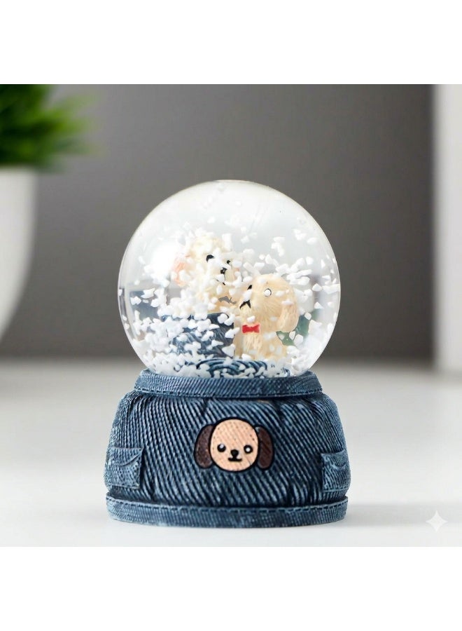 Feel Home Crystal glass snow globe decoration with a cute dog design and a trendy denim base - two unique pieces for home and office. - Image 1