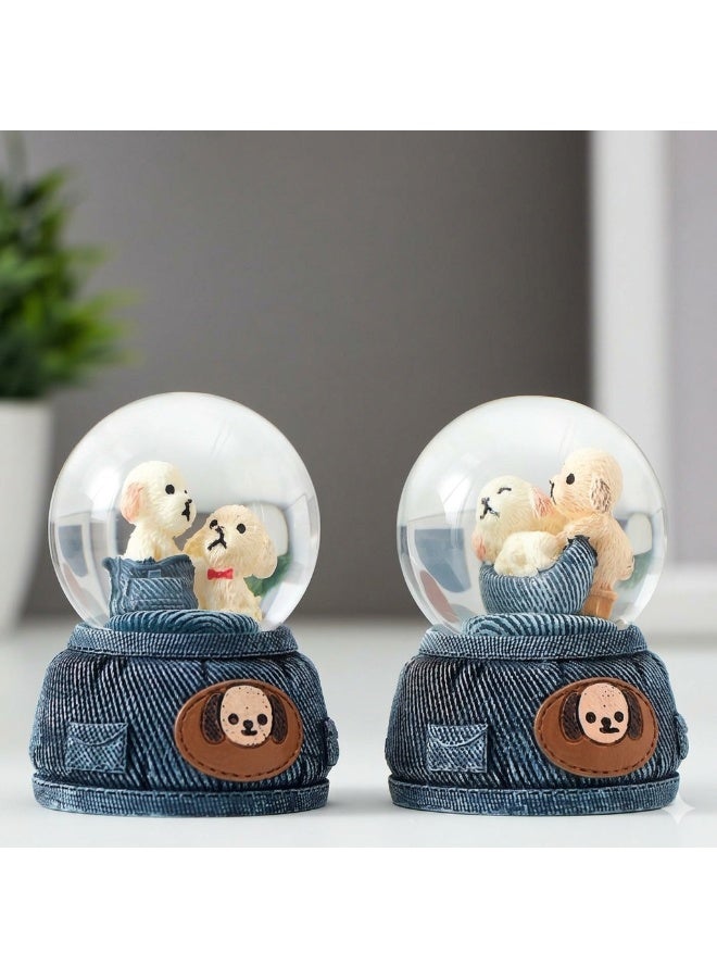 Feel Home Crystal glass snow globe decoration with a cute dog design and a trendy denim base - two unique pieces for home and office. - Image 2