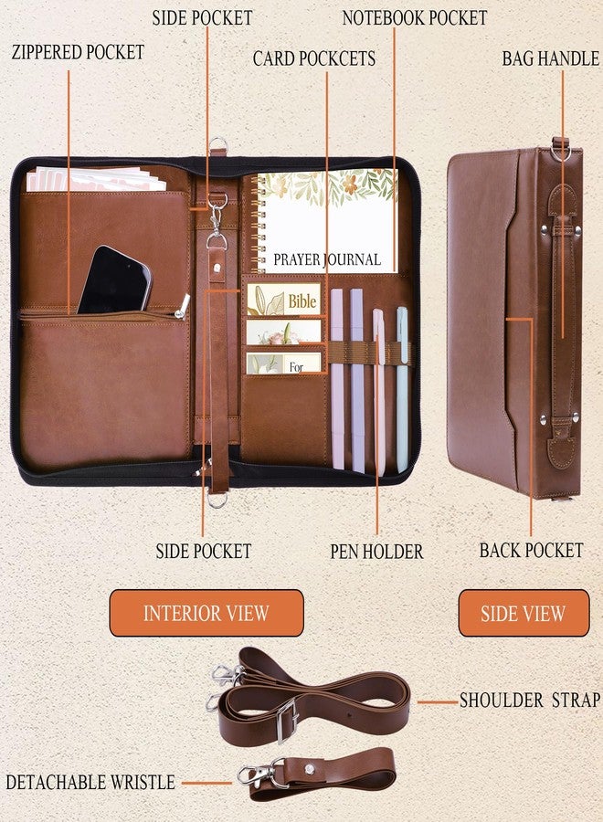 AKONEGE Bible Cover Case for Women - PU Leather Bible Bags Bible Study Supplies Accessories, Prayer Journal, Pens, Tabs, Carrying Case with Handle & Shoulder Strap for Christian Journaling Kit, Brown - Image 3