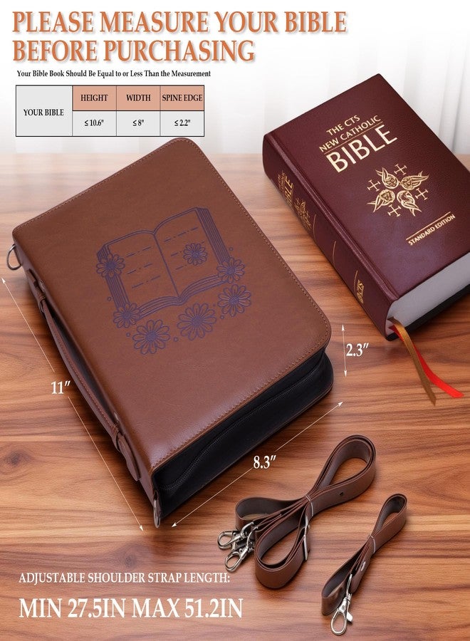 AKONEGE Bible Cover Case for Women - PU Leather Bible Bags Bible Study Supplies Accessories, Prayer Journal, Pens, Tabs, Carrying Case with Handle & Shoulder Strap for Christian Journaling Kit, Brown - Image 4