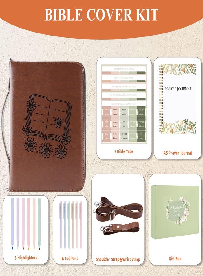 AKONEGE Bible Cover Case for Women - PU Leather Bible Bags Bible Study Supplies Accessories, Prayer Journal, Pens, Tabs, Carrying Case with Handle & Shoulder Strap for Christian Journaling Kit, Brown - Image 2