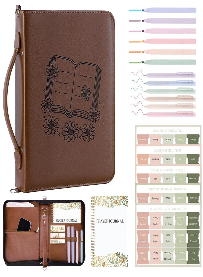 AKONEGE Bible Cover Case for Women - PU Leather Bible Bags Bible Study Supplies Accessories, Prayer Journal, Pens, Tabs, Carrying Case with Handle & Shoulder Strap for Christian Journaling Kit, Brown - Image 1
