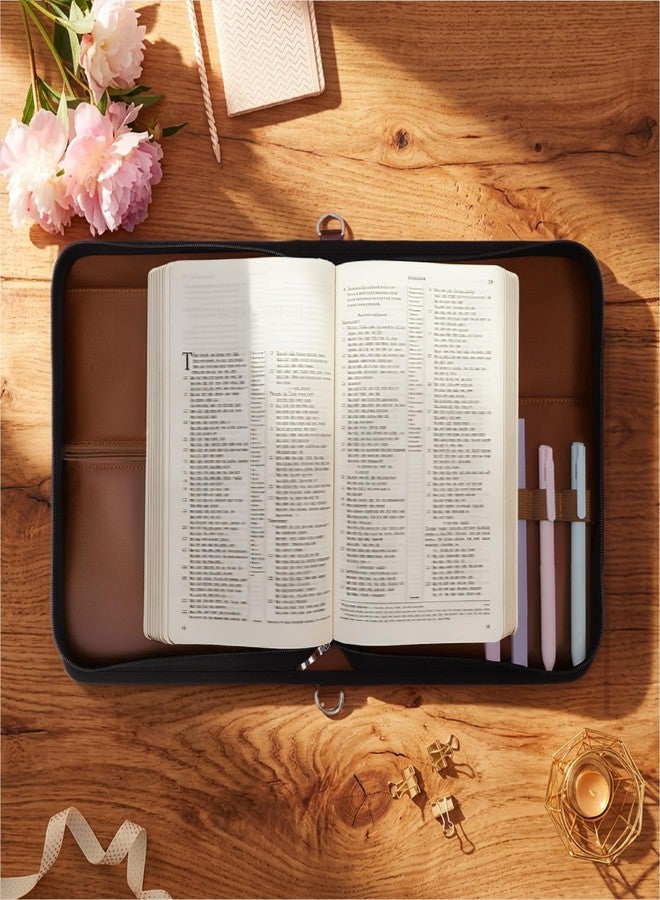 AKONEGE Bible Cover Case for Women - PU Leather Bible Bags Bible Study Supplies Accessories, Prayer Journal, Pens, Tabs, Carrying Case with Handle & Shoulder Strap for Christian Journaling Kit, Brown - Image 5