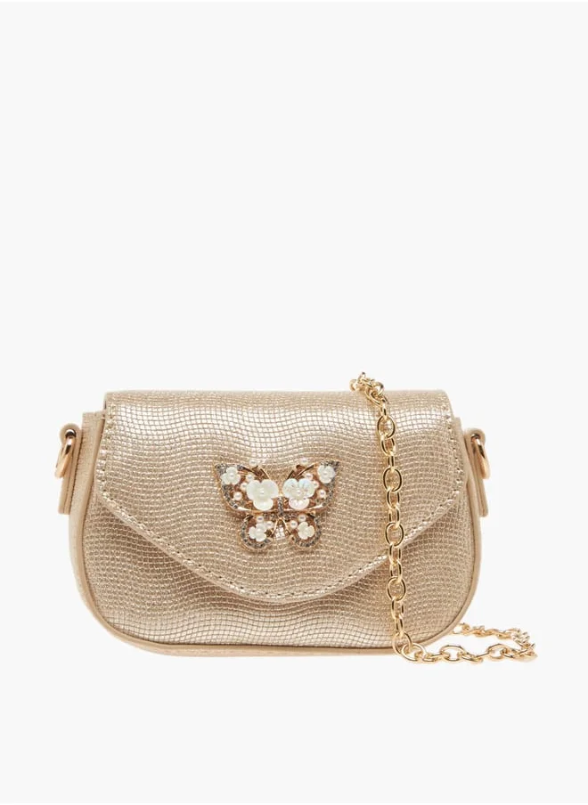 ميسي الصغيرة Girls Butterfly Embellished Crossbody Bag with Detachable Chain Strap and Button Closure