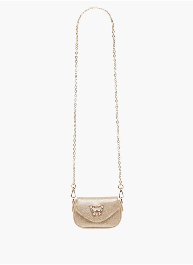 Girls Butterfly Embellished Crossbody Bag with Detachable Chain Strap and Button Closure